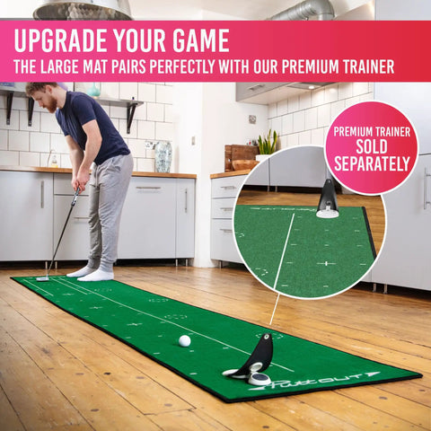Person practicing on Big Time Golf Putting Mat For Home Practice 367cm By 67cm With Five Independent Targets in a kitchen setting.