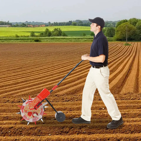 Man using Hand Push Manual Seeder With 6 Nozzle Row Crop Planter, 8.27Lb Seed Capacity in field, durable iron and plastic construction