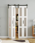 Kick Up Your Home Game With This Slick Bifold Barn Door 48 By 84 Inches Featuring Tempered Frosted Glass Panels Plus Complete Wall Track Hardware Kit That Glides Smooth And Folds Back Tight For Laundry Closets And Pantries, showcasing dual doors in a modern living space.