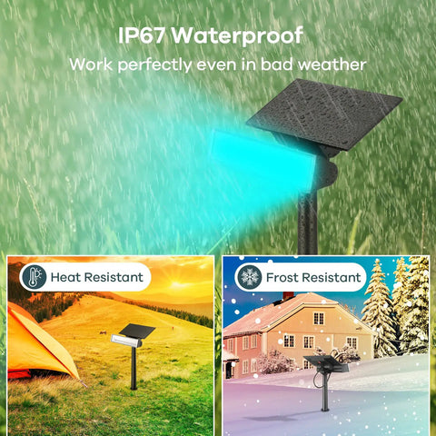 Lit Up Color Changing Solar Spot Lights Outdoor 54 LEDs RGB IP67 Waterproof showcasing durability in various weather conditions