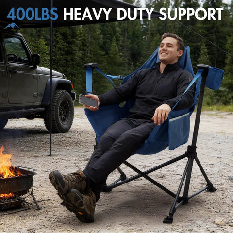 Heavy Duty 400 Lb Hammock Camping Chair With Adjustable Recline And Headrest Pillow, outdoor use by campfire, blue fabric
