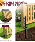 Before and after using Fence Post Repair Kit, 4-Piece Heavy Duty Ground Stakes, Robust Quick Fix Wood Support, installed demonstration.