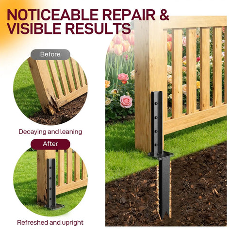 Before and after using Fence Post Repair Kit, 4-Piece Heavy Duty Ground Stakes, Robust Quick Fix Wood Support, installed demonstration.