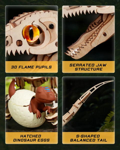 3D Velociraptor Wooden Puzzle Kit For Adults And Teens With 106 Pieces Realistic Gear Transmission System For Dynamic Two Legged Dino Build showing wooden eye, jaw, egg, and tail details