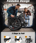 Foldable Electric Bike for Adults With 1200W Peak Motor shown folded in car trunk, highlighting foldable design and portability.