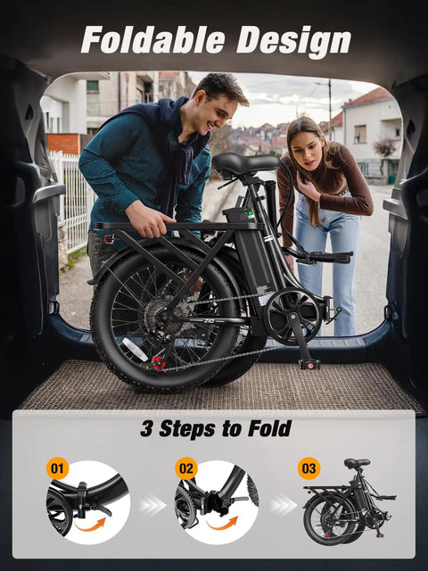 Foldable Electric Bike for Adults With 1200W Peak Motor shown folded in car trunk, highlighting foldable design and portability.