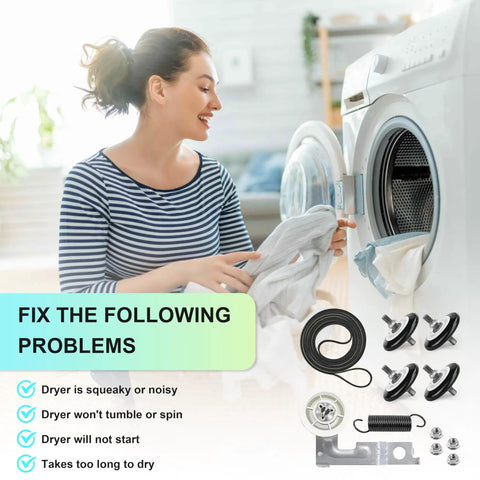 Woman using washing machine with All In One Dryer Repair Kit For LG And Kenmore Dryers with Drum Roller Belt Idler Pulley and Spring