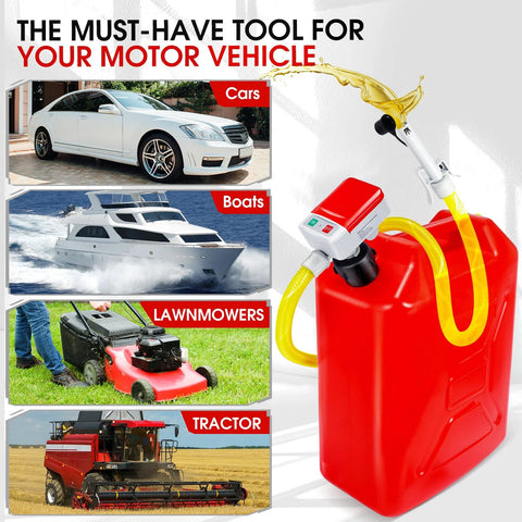 Gas Transfer Pump With Auto Stop Sensor and 30 Second Beep on red fuel can, showing nozzle and yellow hose, for cars, boats, mowers, tractors