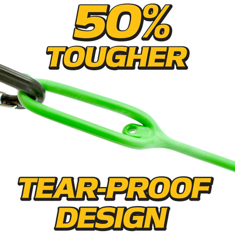 Green tear-proof design hook labeled '50% Tougher' with black carabiner attachment.