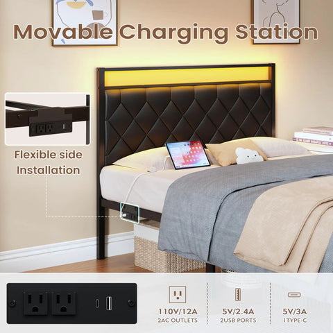 Modern Full Size Bed Frame With App Controlled LED Lights And Built In Dual USB Ports, Padded PU Leather Headboard, Heavy Duty Steel Slats, Zero Hassle Setup With Charging Station