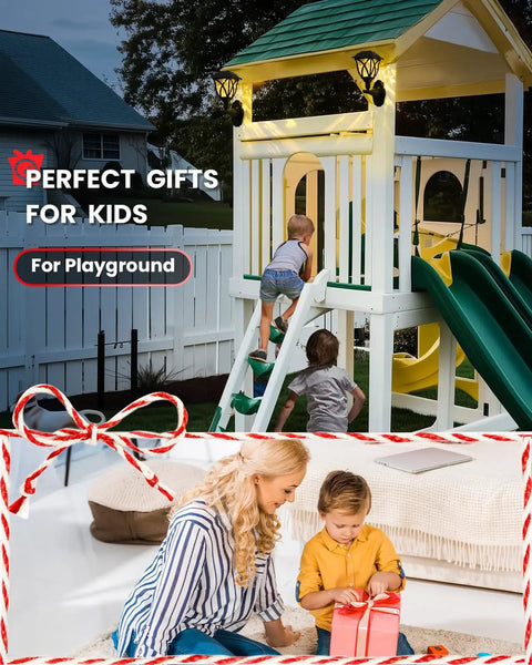 Children play on a lit playground under Solar Wall Lanterns Two Pack, Waterproof Decorative Solar Powered Lights For Playhouses.