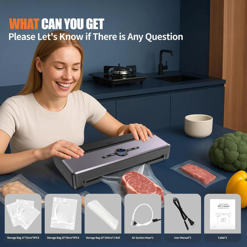 Woman using vacuum sealer for food storage with 85kPa suction and dry and moist modes, includes ten vacuum bags and one roll.