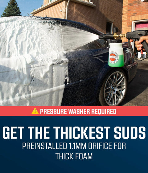 Wide Mouth Foam Cannon For Pressure Washer With Adjustable Thick Foam Snow Foam Solution Soap Dispenser One Quarter Inch Quick Connector Car Wash Lance Easy Dilution And Stable Base in use on car