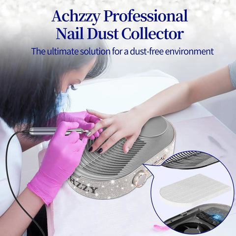 Nail technician using Achzzy Pro Grade High Density Replacement Filter Two Pack for Nail Dust Collectors.