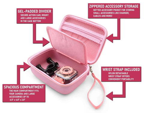 Dope Pink Hard Shell Camera Travel Case Straight Up Built To Shield Your Waterproof Toy Action Cams And Video Recorders While Keeping Loose Mounts Straps And Chargers Packed Tight, featuring gel-padded divider and wrist strap.