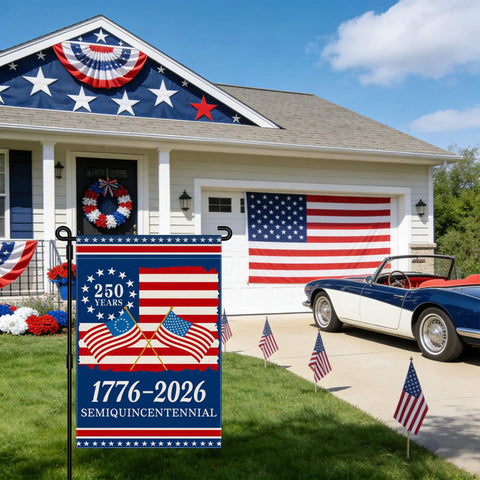 250th Anniversary America Garden Flag Double Sided USA Flag 1776 2026 Commemorative Patriotic Banner for Yard displayed in front of a house