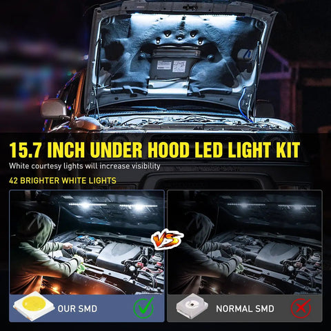 Underhood view of car with 2 Pack Underhood LED Light Strips Waterproof 42LED 40cm Engine Bay Work Light installed, showing brightness difference