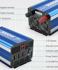 No Drama Pure Sine Wave Power Inverter 3000 Watt 12V Dc To 110V And 120V Ac Converter back view with LCD display and USB ports.