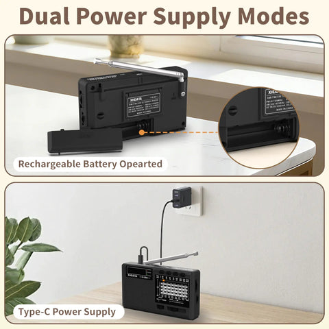 Dope Portable Shortwave Radio With DSP And 12 Bands AM FM SW showing rechargeable battery and Type-C power supply