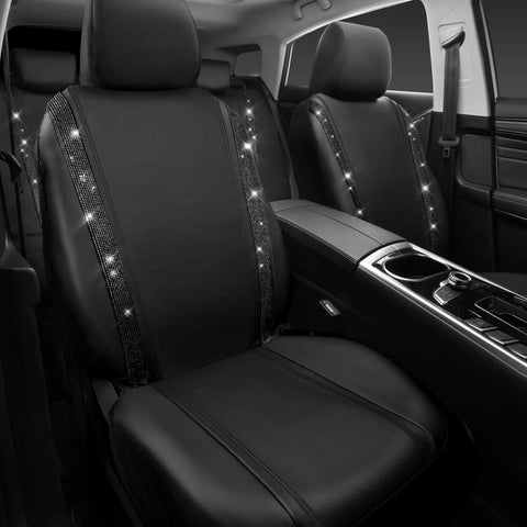 PU Leather Bling Diamond Car Seat Covers Full Set Waterproof Durable With Rear Zipper Universal Fit For Women Girly Black Interior