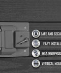 Two-Gang Weatherproof Switch And Outdoor Outlet Cover For Exterior Electrical Boxes, Gray Polycarbonate GFCI And Toggle Covers, NEMA 3R Rated, Eight-In-One Protection shown with safety features icons.
