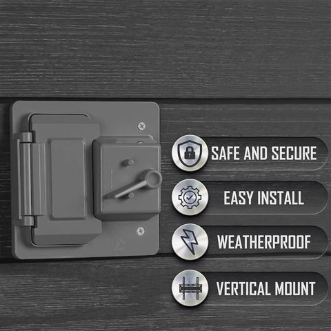 Two-Gang Weatherproof Switch And Outdoor Outlet Cover For Exterior Electrical Boxes, Gray Polycarbonate GFCI And Toggle Covers, NEMA 3R Rated, Eight-In-One Protection shown with safety features icons.