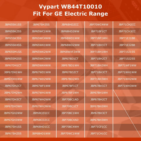 Compatibility chart for WB44T10010 Compatible Oven Bottom Heating Element for GE Electric Ranges, listing specific models.