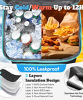 Open view of Rolling Cooler With Wheels And Handle, 50L Capacity For 80 Cans, showing cold and hot items, insulation layers diagram