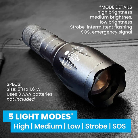 TacLight Bright LED Flashlight With Zoom 5 Modes 100000 Hour Bulb Water Resistant Mini Tactical Light shown with mode details