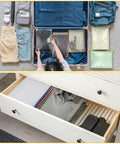 Person packing suitcase with 24 Pack Mesh Zipper Pouches For Organization A4 Size Document Bags Waterproof Storage Pouches, and organized drawer with clothes and pouches.