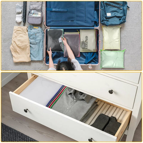 Person packing suitcase with 24 Pack Mesh Zipper Pouches For Organization A4 Size Document Bags Waterproof Storage Pouches, and organized drawer with clothes and pouches.