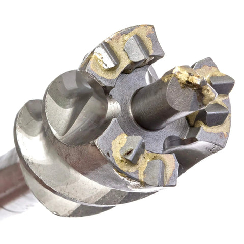 Close-up of 1-3/4 Inch Carbide Tipped SDS Max Drill Bit With 9 Hardened Teeth, showing cutting edges and durable construction.