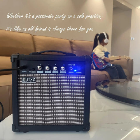 20W Electric Guitar Practice Amp With EQ Controls, Portable Orange Black Finish, Gain Bass Treble And Volume Knobs, Compact Durable Home Practice Amp For Small Gigs in living room with child playing guitar