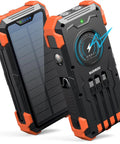 Solar Charger Power Bank With Built In Cables And 42800mAh Battery, Wireless Portable Charger with LED flashlight and orange casing.