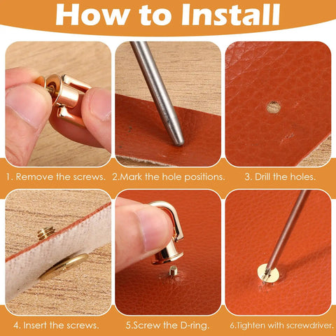 Step-by-step guide for installing 4 Pcs D Ring Hardware Kit For Purses And Bags 360 Degree Rotatable D Ring Studs and Screw Ball Rivets
