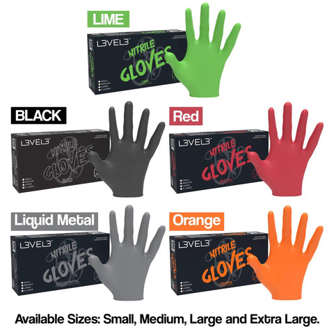 Level 3 Nitrile Gloves For Pro Work, Heavy Duty Disposable, shown in lime, black, red, liquid metal, orange colors, latex free