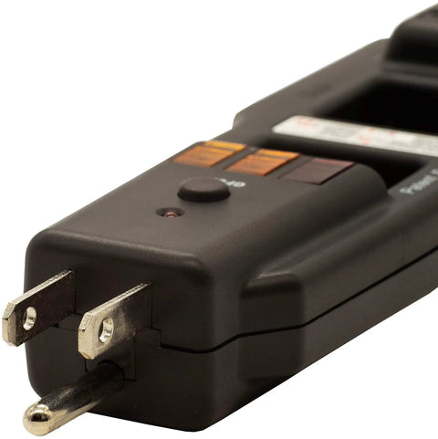 Close-up of Must Have AC Line Splitter And GFCI Outlet Tester with five indicators, showing plug and buttons for wiring checks.