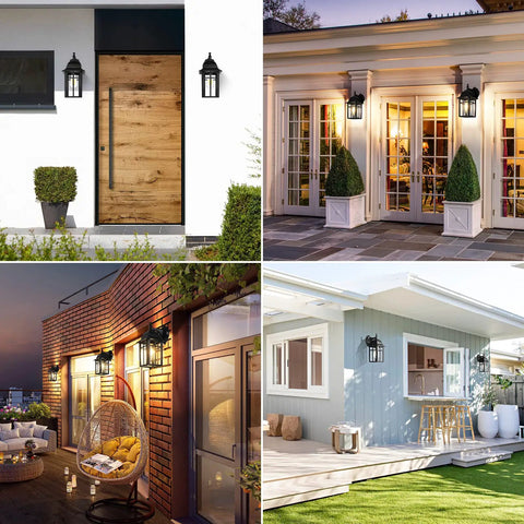 Two Pack All Weather Outdoor Wall Lanterns, Waterproof Aluminum Porch Lights With Clear Glass And Black Finish, Exterior Wall Sconce Lighting For House, Durable Wall Mount Lamps, E26 Socket, Bulbs Not Included installed on various house exteriors.