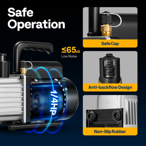 Single Stage HVAC Vacuum Pump 3.5 CFM One Quarter Horsepower 110V with safe operation features and durable aluminum construction.
