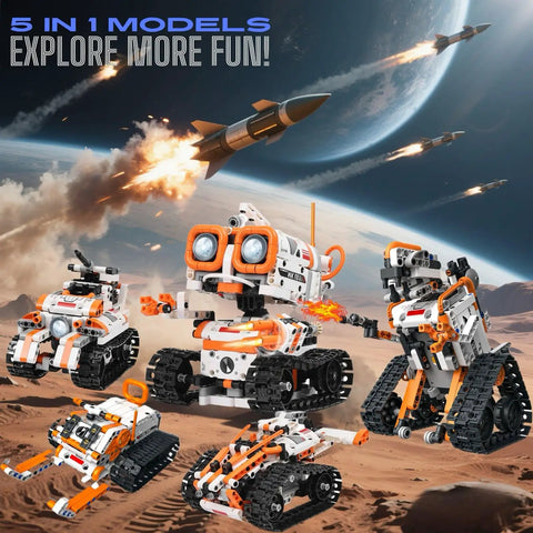 5-In-1 STEM Robotics Kit for Kids 6 Plus With Remote Or App Control Coding Robot displayed on a space-themed background
