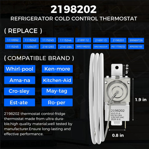 Upgrade Refrigerator Cold Control Thermostat 2198202 with wiring and dimensions, compatible with major brands