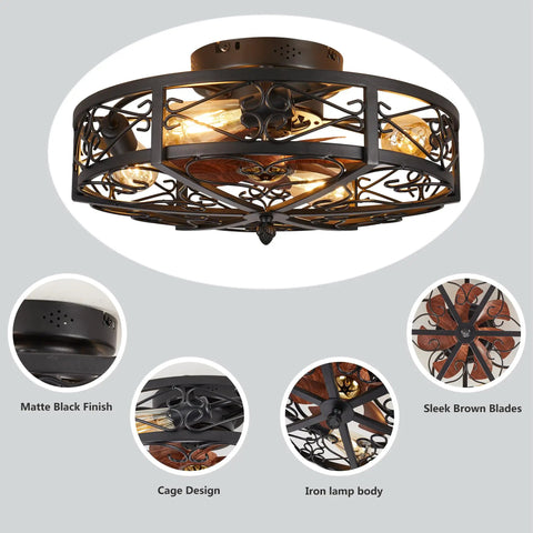 Rustic Black Caged Flush Mount Ceiling Fan With Lights And Remote, Vintage Low Profile, Matte Black Finish, Wood Blades