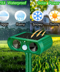 Motion Activated Solar Ultrasonic Outdoor Animal Deterrent With PIR Sensor Waterproof Yard Guard For Cats Dogs Squirrels Raccoons Skunks Rabbits Deer Foxes Humble Humane Noiseless Protection That Keeps Critters Off Your Lawn And Garden All Year. Green plastic solar ultrasonic yard guard with waterproof use in fog, rain, snow, and sun.