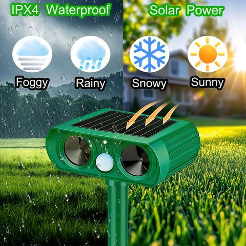 Motion Activated Solar Ultrasonic Outdoor Animal Deterrent With PIR Sensor Waterproof Yard Guard For Cats Dogs Squirrels Raccoons Skunks Rabbits Deer Foxes Humble Humane Noiseless Protection That Keeps Critters Off Your Lawn And Garden All Year. Green plastic solar ultrasonic yard guard with waterproof use in fog, rain, snow, and sun.