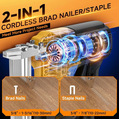 No Fuss 18 Gauge Cordless Brad Nailer And Stapler Combo showcasing internal brushless motor with options for brad and staple nails.