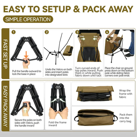 Setup and pack instructions for Lightweight Folding High Back Camping Chair With Head Support For Outdoor Adventures.