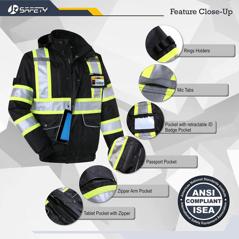 Hi Vis Waterproof Winter Bomber Jacket with Ten Pockets, 3M Reflective Strips, Secure Tablet Pocket, Detachable Hood, Retractable ID Pocket