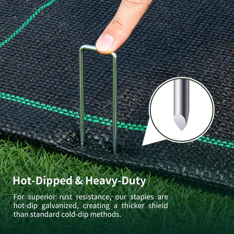 57 Pack 4 Inch Galvanized U Shaped Garden Stakes For Landscaping Ground Yard Fence Projects Heavy Duty 12 Gauge Tent Stakes Pins For Weed Barrier Fabric Outdoor Decor inserted into black fabric in a garden setting with a hand.