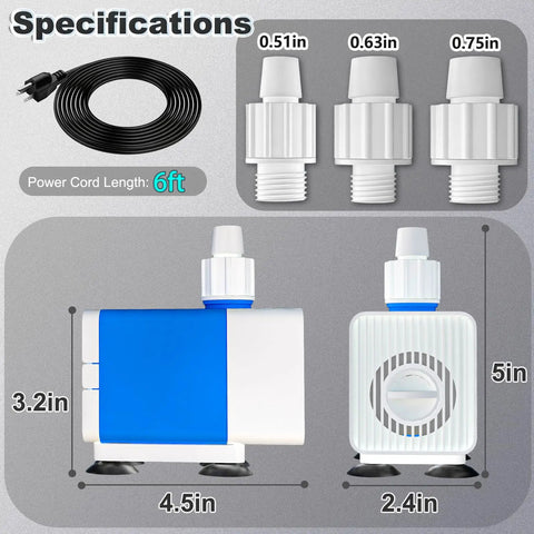 Fountain Pump 400GPH Submersible Water Pump 25W With 6 Point 5 Ft Cord dimensions and adaptor sizes diagram