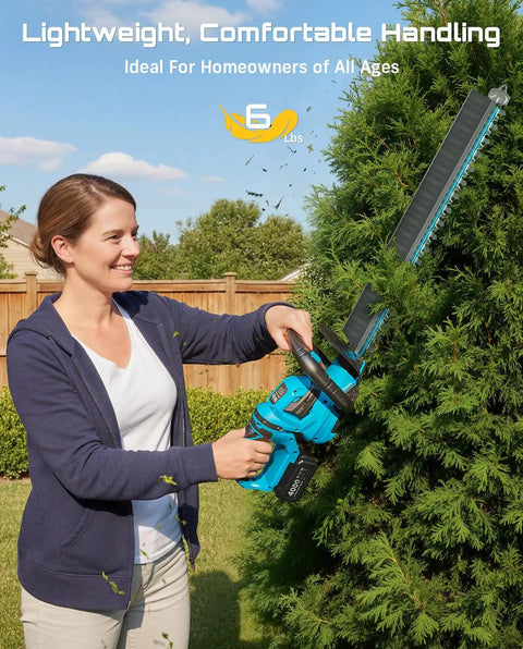 Woman using 22 Inch Cordless Hedge Trimmer With Dual Action Blade And 20V Power, Includes 2 Batteries And Charger, 180 Degree Rotating Handle